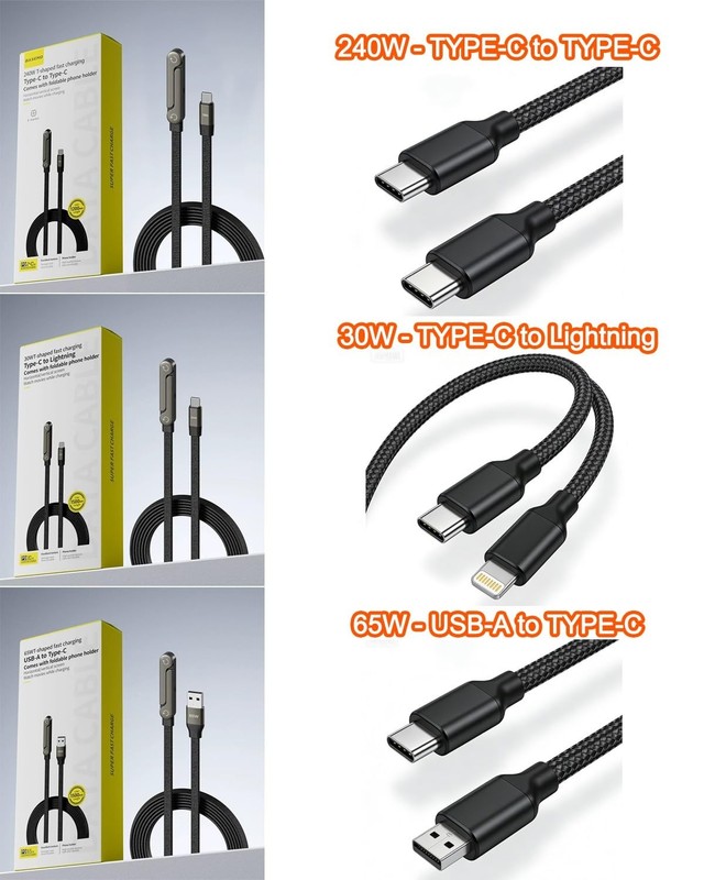 240W Braided Fast Charge Cable Builtin Phone Stand 2in1 TypeC 5FT Gaming gallery