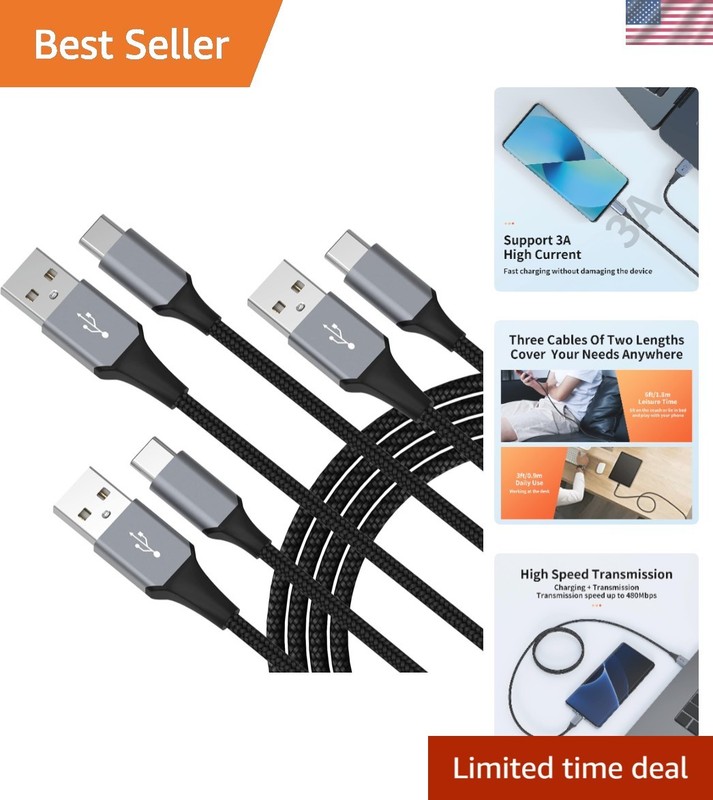 Black Nylon Braided USB-C Cables Set: 3ft/6ft, Ideal for All Type-C Devices