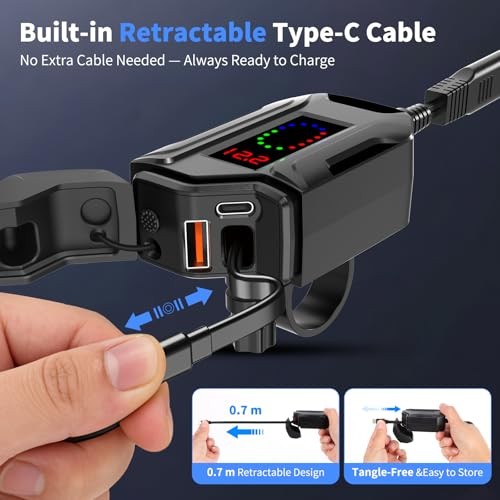 Motorcycle USB Charger, 3-in-1 Fast Charging with USB-A & USB-C + Retractable gallery