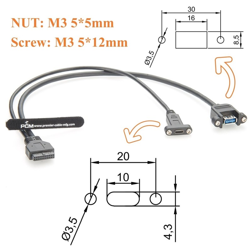 1 PCS Dual USB 3.0 3.1 TypeC Female to Motherboard 20Pin Cable Panel Mount Y gallery