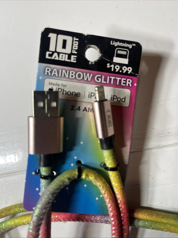 **RAINBOW GLITTER** Cable 10* ft Length Aluminum 2.4 AMPS (iphone -ipad -ipod) gallery