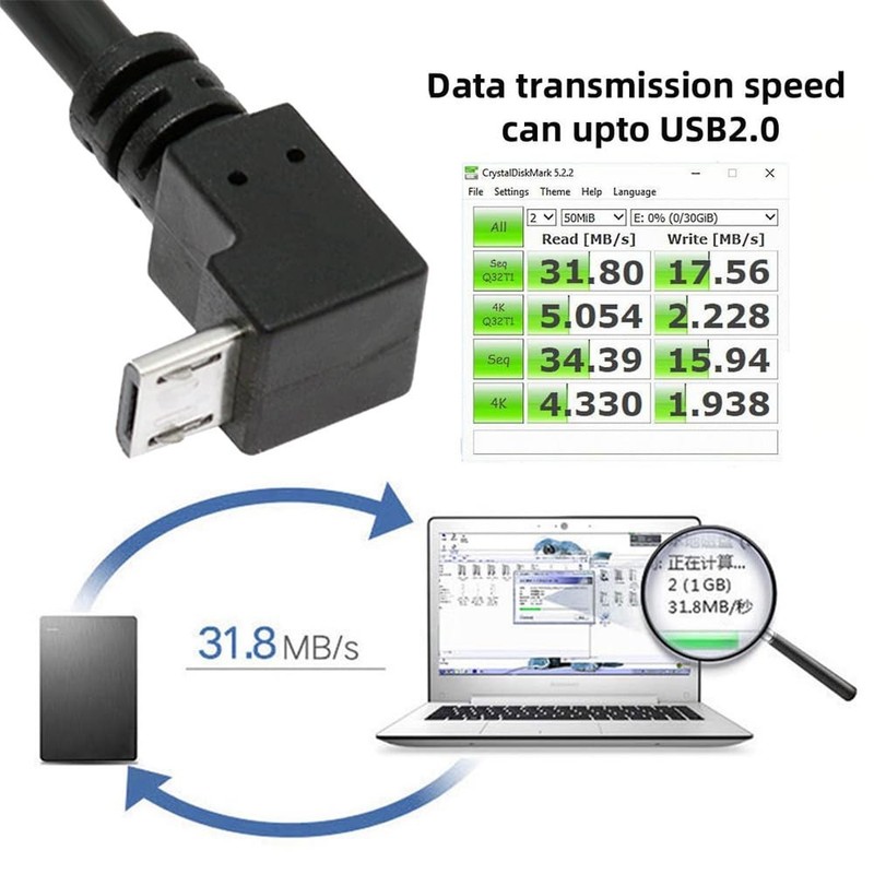 90° Down Angled Micro USB to USB A Data Charge Cable, 10cm, 480Mbps, 5Pin gallery