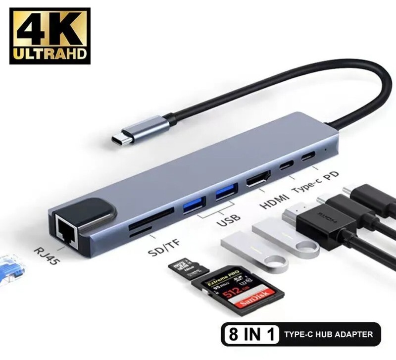 Type C Adapter Multiport USB HDMI 4K Ultra HD LAN Converter Cable 8 in 1