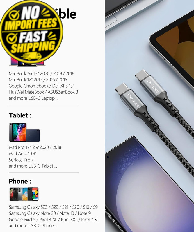 Fbokunma Short USB C to C Cable 1.5FT 2Pack, 60W Fast Charging Type Grey gallery