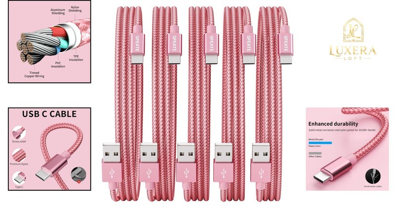 5-Pack USB C Cable Set 3/6/10FT Fast Charging Nylon Pink for Phone, iPad, Gal... gallery