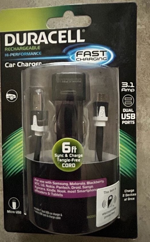 Duracell Car Charger w/ 6 ft Sync & Charge Cord 3.1 Amp Dual USB Ports