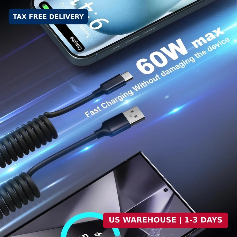 60W Coiled USB-A to USB-C Cable 3FT Fast Charge CarPlay Android Auto Cord gallery