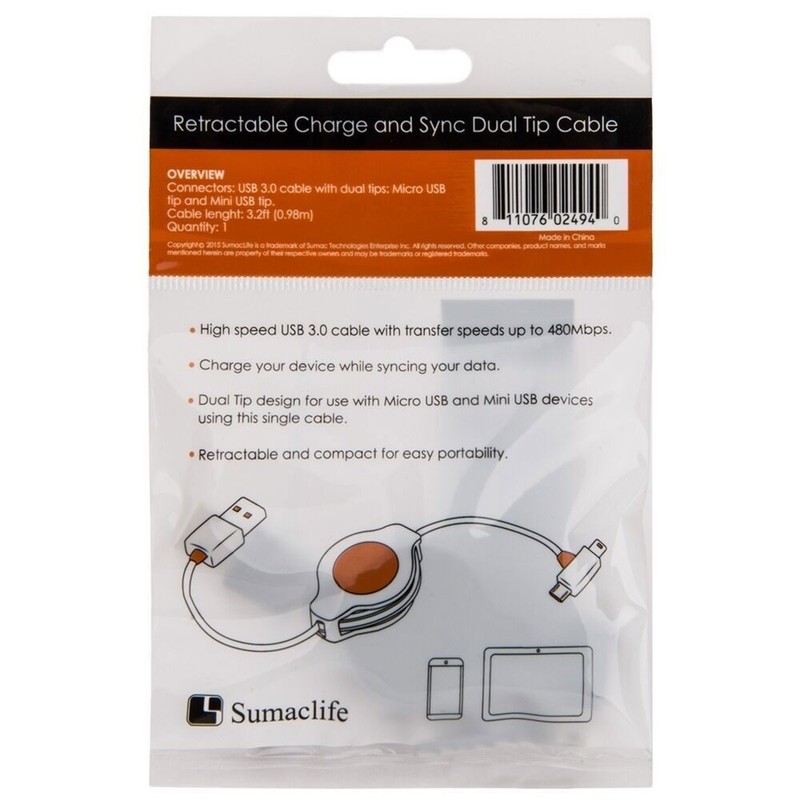 Black Retractable Dual-Tip Micro and Mini USB Cable Charging Sync Data Cable gallery