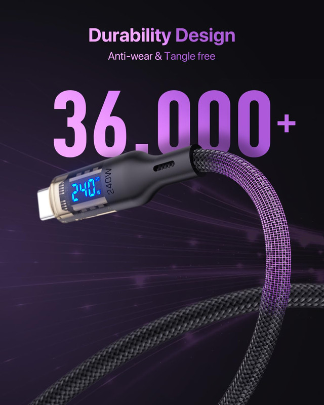 240W USB C to USB C Transparent Cable with LED Display Compatible with 140W 100W gallery