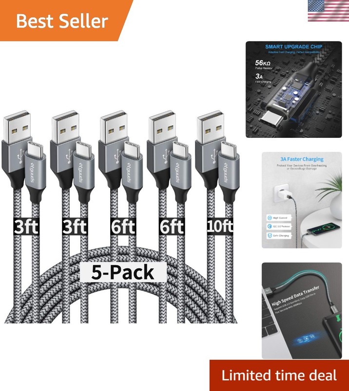 USB A to USB C 5-Pack Gray Braided Nylon Cables