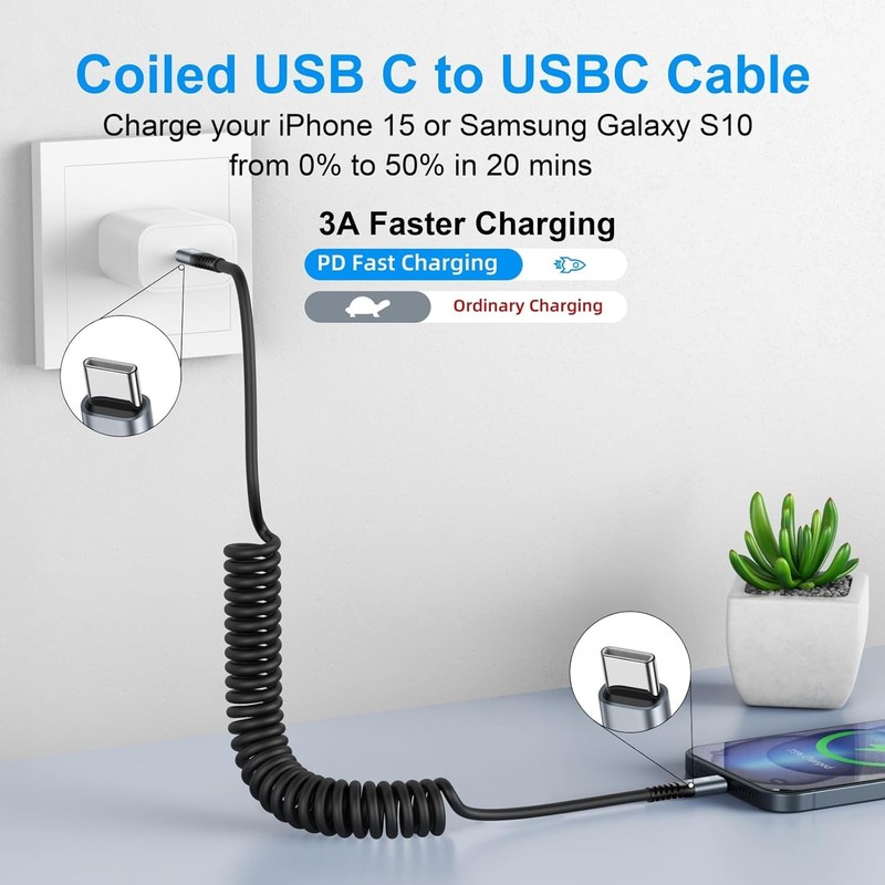 USB C to USB C Coiled Cable 60W Fast Charging For Car 3FT 2 Pack gallery