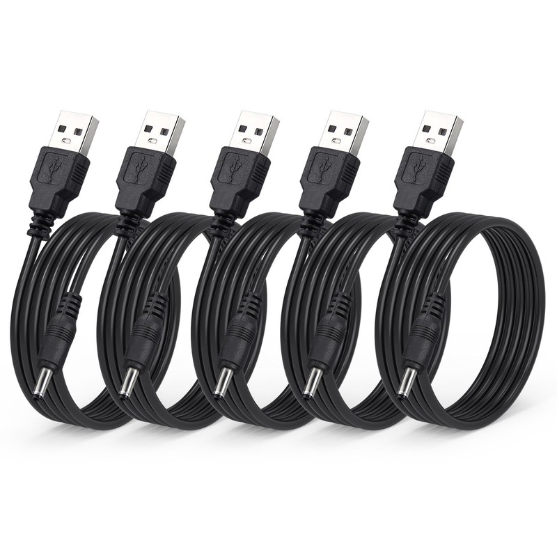 5-Pack USB to DC 5V Power Cable, 3.5mm x 1.35mm Barrel Plug Cord 5 ft Black