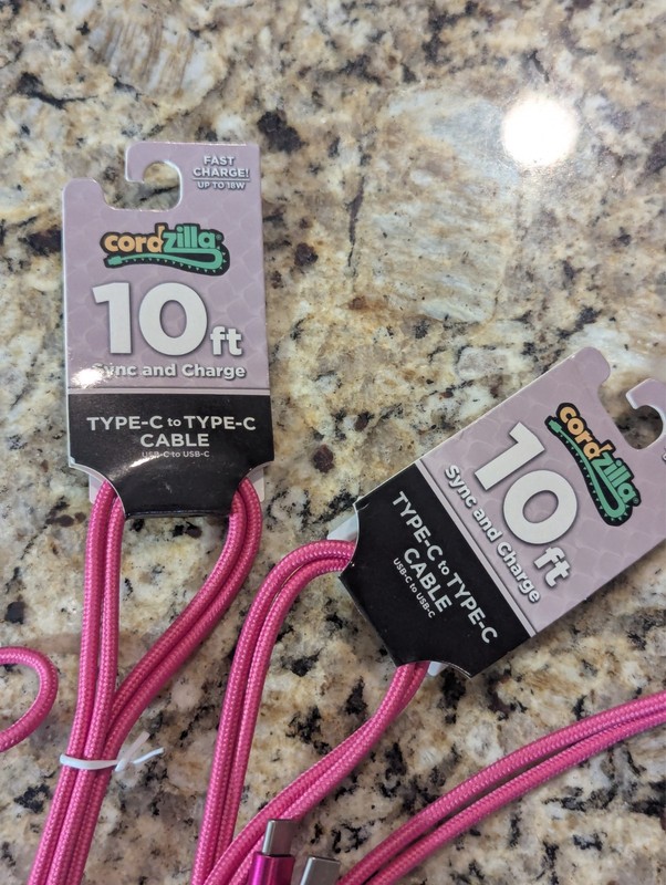 Cordzilla 10 ft USB-C to USB-C Braided Sync & Charge Cable Long Pink 2 Pack gallery