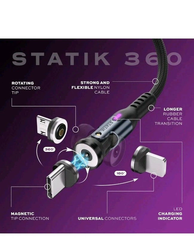 Statik 360 Rot. Universal Magnetic Charging Cable 6ft/1.8m with 3 Magnetic Tips gallery