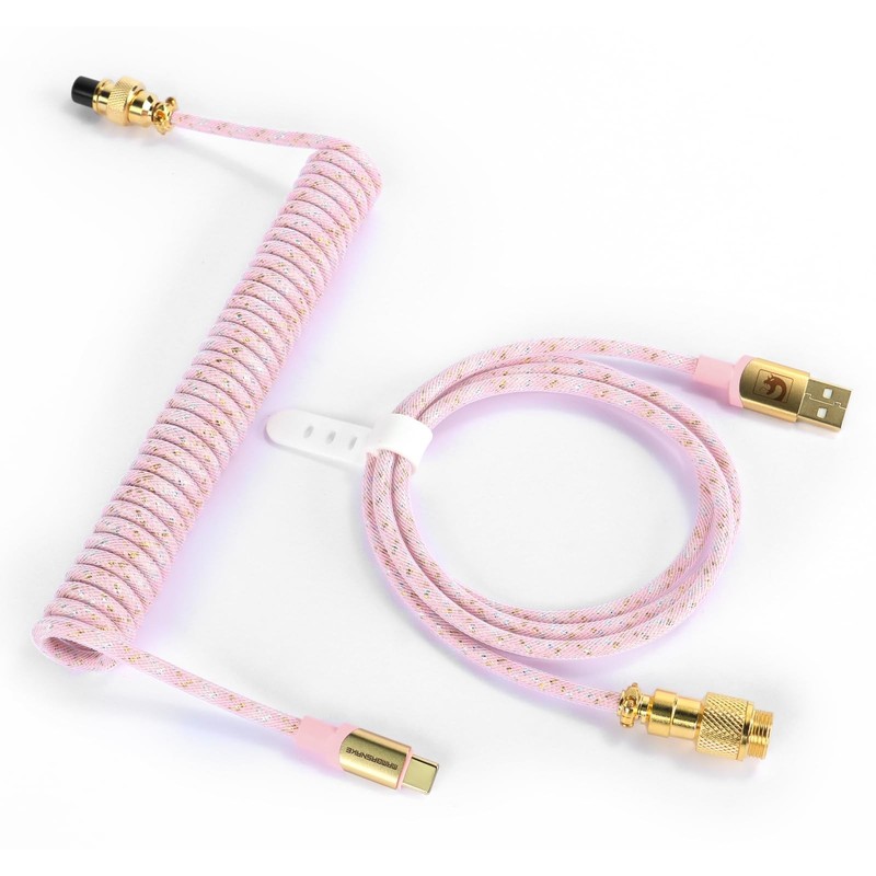 C03 Custom Coiled USB C To A Cable Braided Spiral Aviator For Keyboard Pink