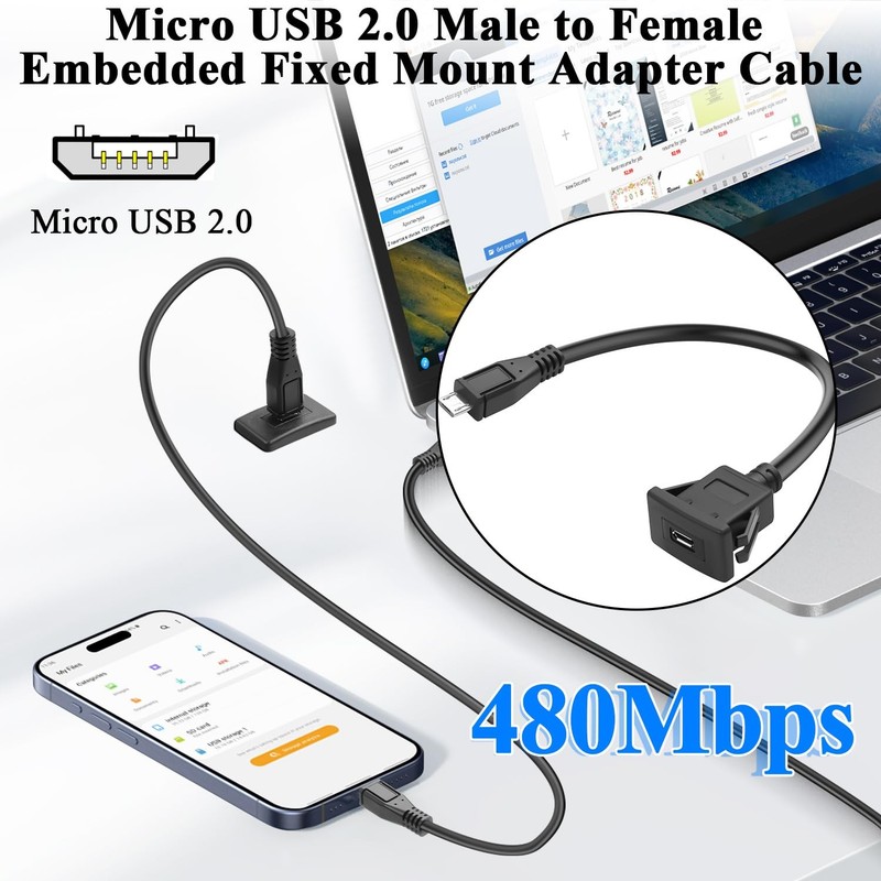 Micro USB Square Snap On Mount Adapter Short Cable Male To Female 30cm Cord gallery