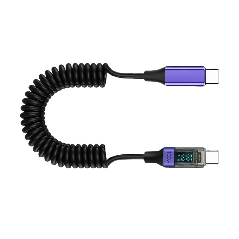 USB C PD100W Intelligent Display Fast Charging Data Cable Spring Retractable