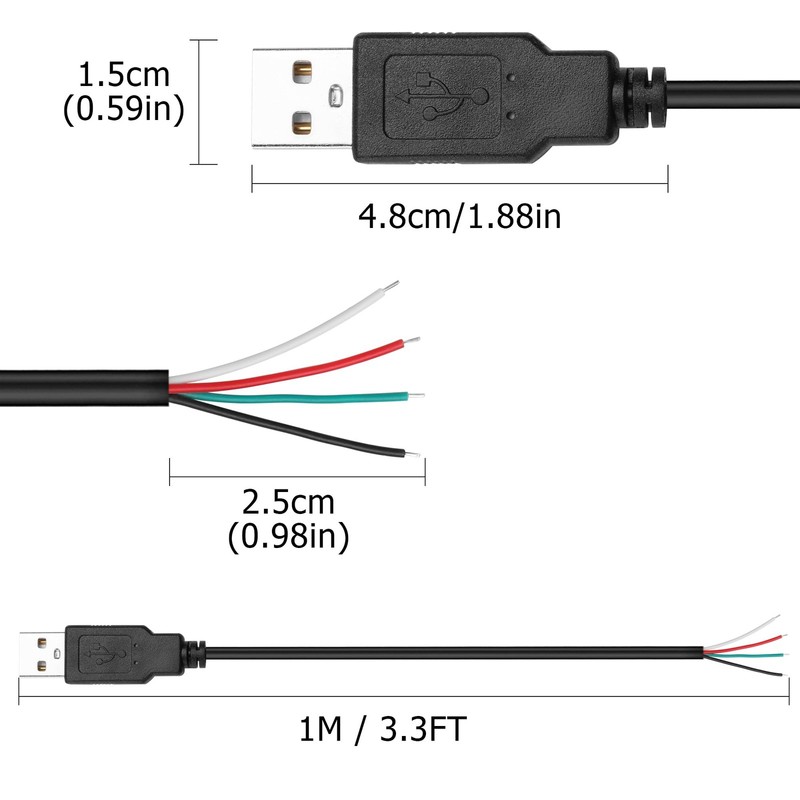 5 PCS USB A Male 2 Pin Bare Wire 22AWG 2.0 Plug Open End Extension DIY Cable gallery