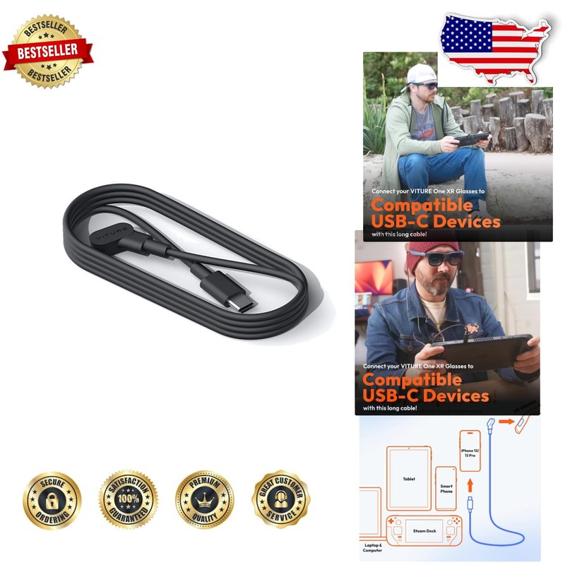 USB-C Magnetic Cable 120cm XR Glasses, Fast 10Gbps Data, 20W Power Delivery