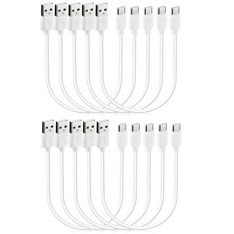 10-Pack 1 ft Short USB A to Type C Fast Charging Cord Bulk White Color