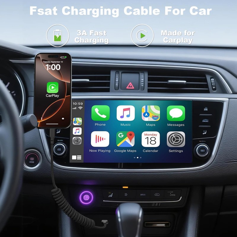 Coiled Car Carplay Charger Fast Charging，[2-Pack, 3Ft] Retractable Braid USB ... gallery