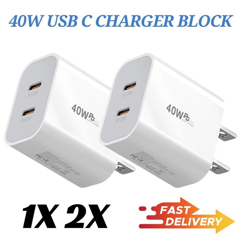 PD 40W Fast USB-C Charger Block Dual Type-C Power Adapter Wall Charger US Plug