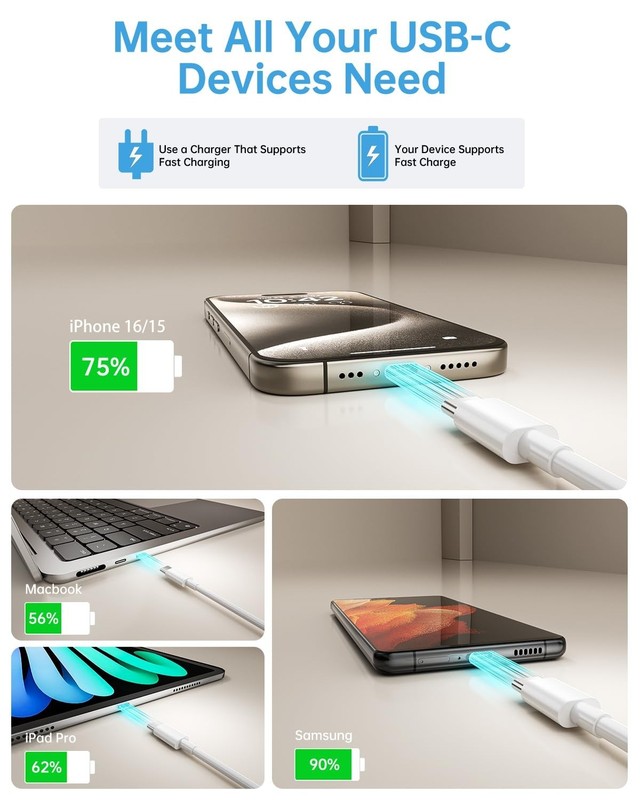 USB C Cable, 5Pack 6FT USB C to USB C Cable 60W(3A) Type C Fast Charging Cord fo gallery