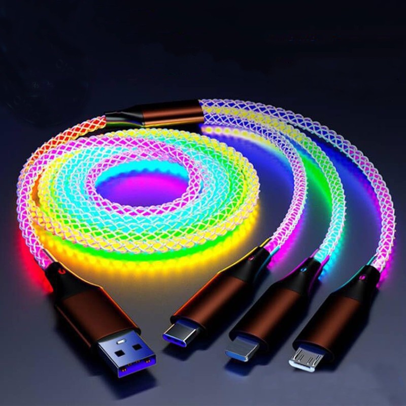66W 3 in 1 LED Light Up Charging Cable, RGB Flowing Glowing Fast Charging Cor...