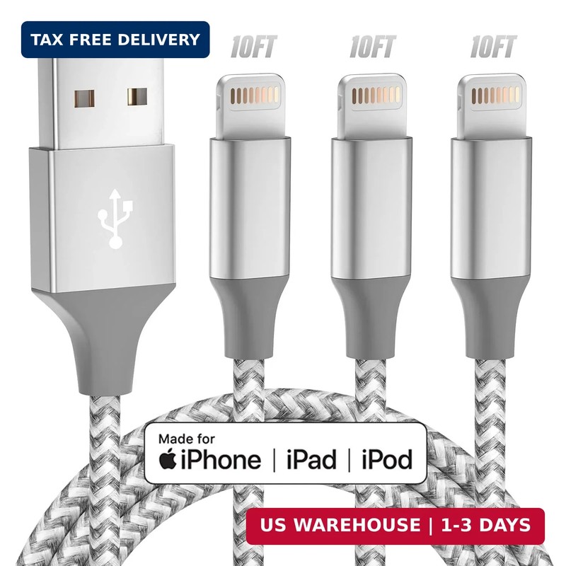 iPhone Charger 3pack 10FT Apple MFi Certified Long Lightning Cable Fast Charging