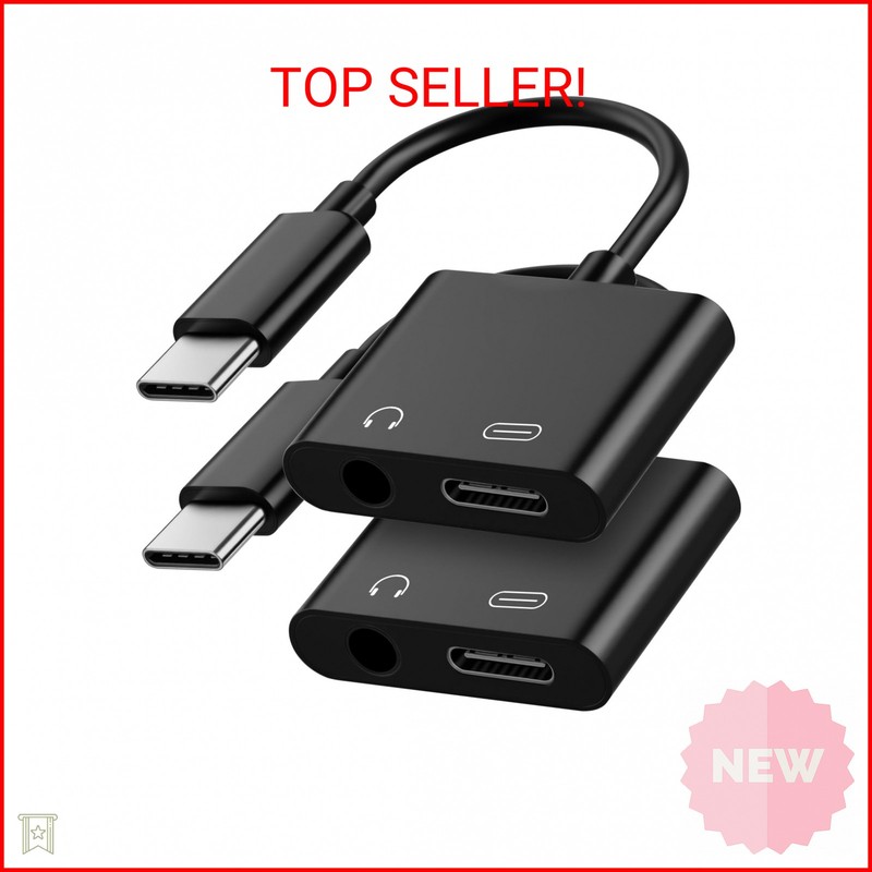 USB C to 3.5mm Headphone and Charger Adapter, 2-Pack Type C to Aux Jack Dongle C