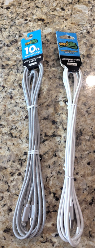 Cordzilla 10 ft 8 Pin iPhone Compatible to USB-A Charging Cable White Grey 2 PK