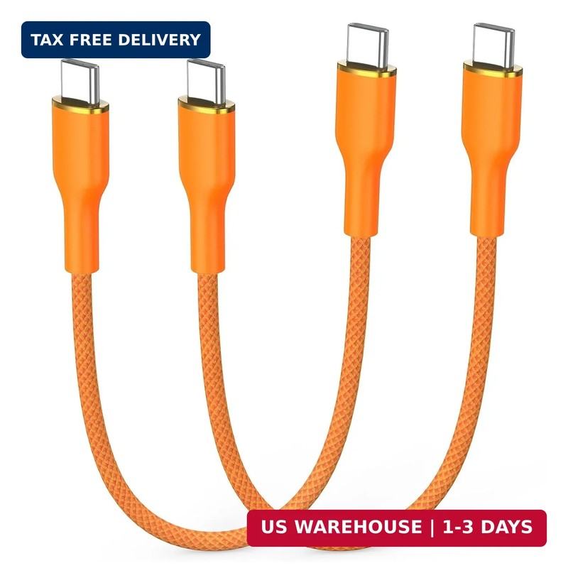 Short USB C to USB C Cable 1FT 2-Pack, 240W Orange Braided USB Type C Fast Charg