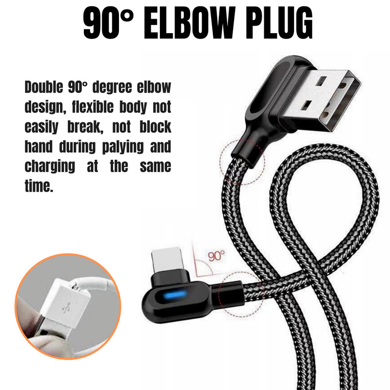 3x 90° Right Angle USB Charger Cable Fast Charging Cord For iPhone 14 13 12 11 8 gallery