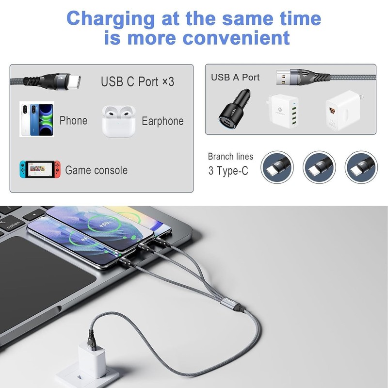 Multi USB-C Cable 4FT, 3 in 1 Multiple Type C Charging,3A Splitter Black 2 PACK gallery