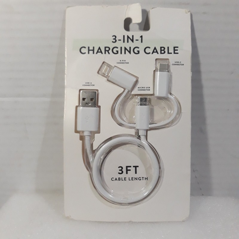 Vivitar White 3 in 1 Charging Cable USB-C Micro USB 8 Pin Connector New in Pack