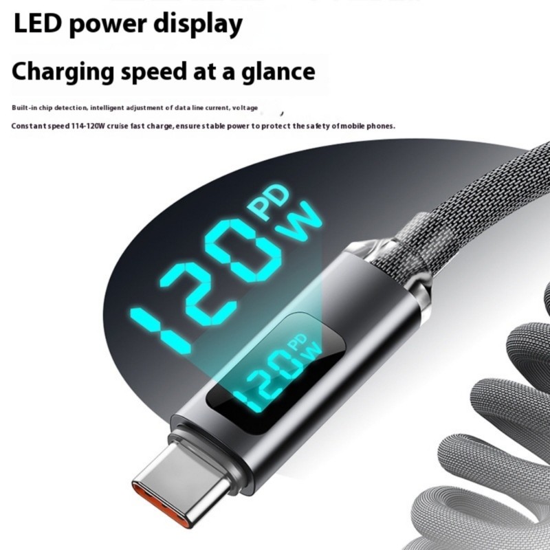 Spring Loaded USB C Charging Cord 120W Highly speed Power Delivery Braided Cable gallery