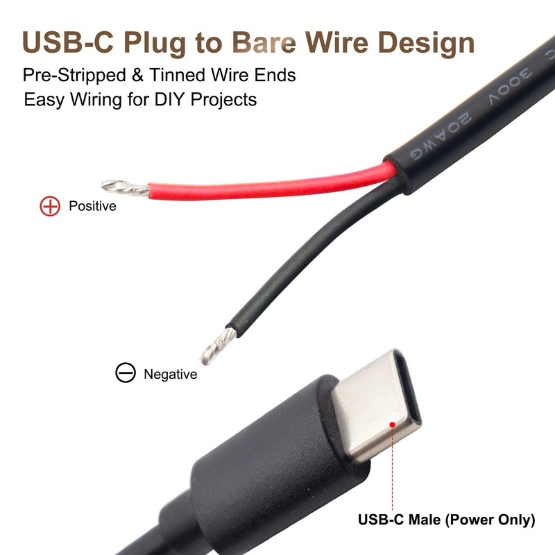USB-C Power Pigtail Cable to Bare Wire, 20AWG 1M/3.3FT DIY Low Voltage Power ... gallery