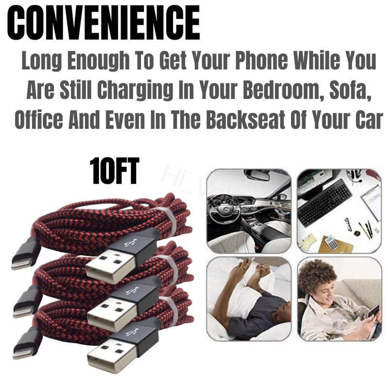 3PACK 10FT For Apple iPhone 12 11 8 7 6 X USB Fast Charger Cable Cord Heavy Duty gallery