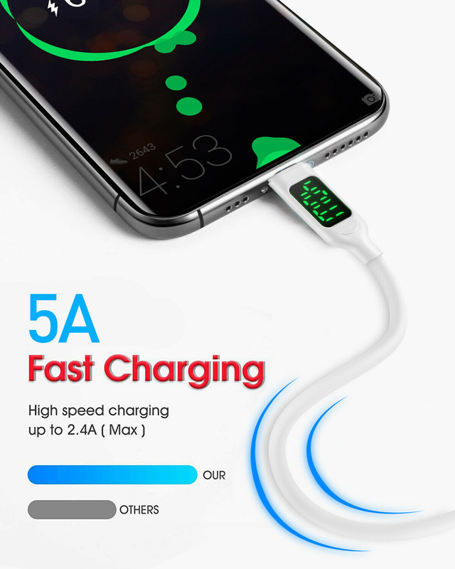 10ft USB A to USB C Cable LED Display 5A PD 100W 20V QC5 Fast Charging Type C