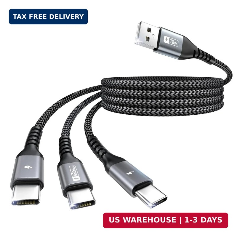 SUNGUY USB C Multi Charging Cable 4FT, QC3.0 USB C Splitter Cable 3 in 1 chargin