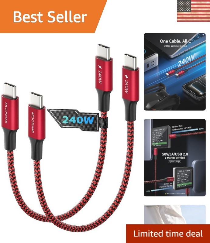 2-Pack 1ft 240W USB-C to USB-C Cable for Fast Charging, E-Marker Smart Tech