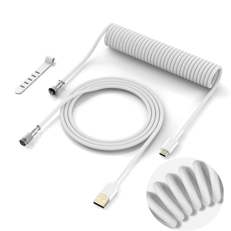 Coiled USB-C Keyboard Cable Detachable Aviator Connector White 5.9in