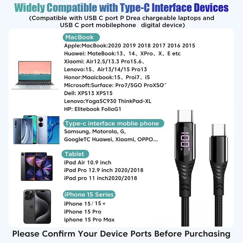 USB C to USB C Cable 100W PD Fast Charging Cord Type-C Charger with LED Display gallery