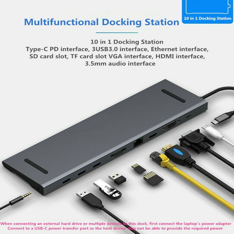 10 in 1 Multi-function USB3.0 Hub Adapter USB Type C Docking 4K HDMI VGA RJ45 SP gallery