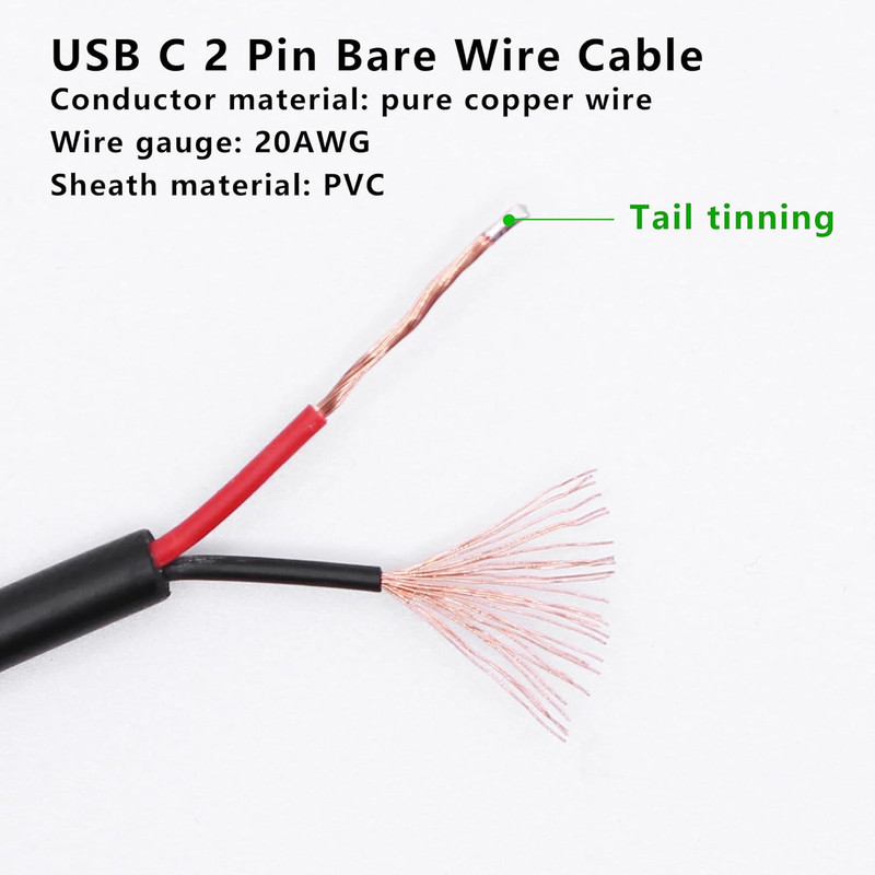 USB C 2 Pin Power Pigtail Cable 20AWG 5V USB Type C Male Plug to 2 Pin Bare Wire gallery