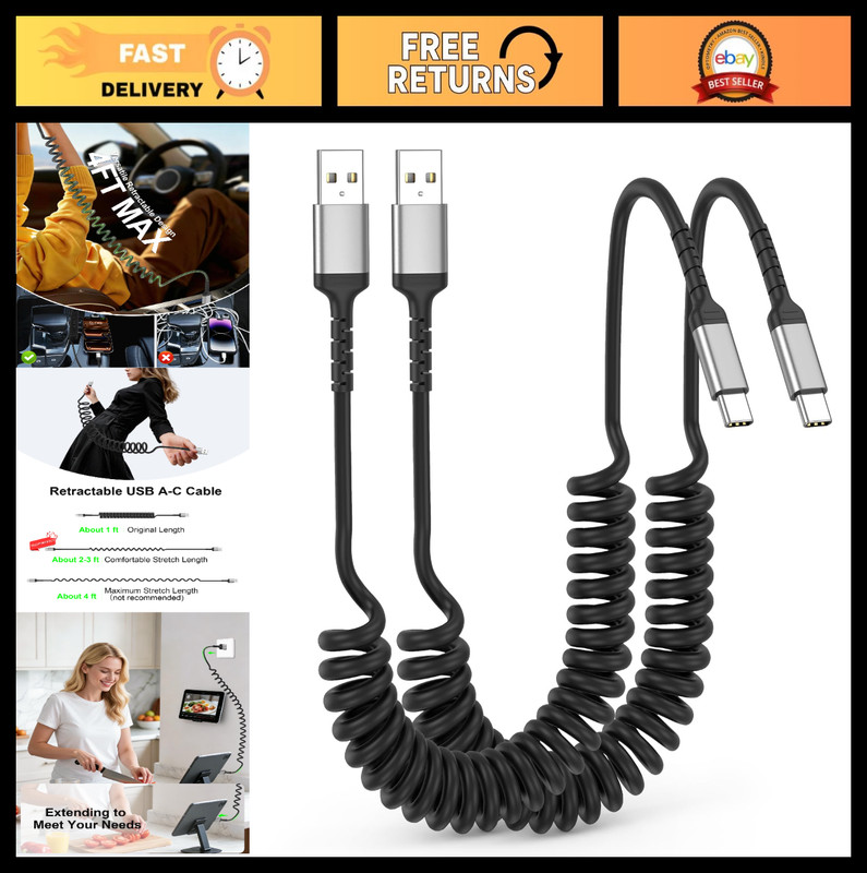 Coiled USB A to USB C Cable 2-Pack, 3ft Fast Charging for CarPlay & Android Auto