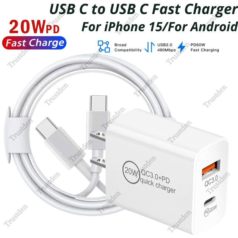 20W USB C Fast Charger PD USB C Type C Cable Power Adapter For Android iPhone 15