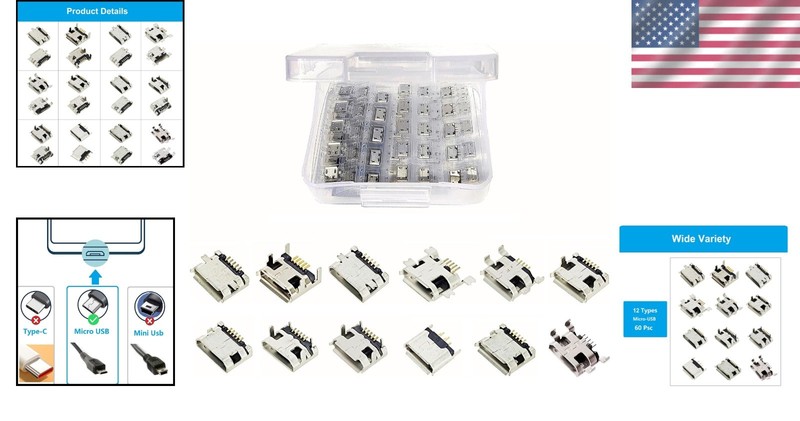 12 Types Micro USB Connector Kit - 60 Assorted Repair Adapters for Versatile Use gallery