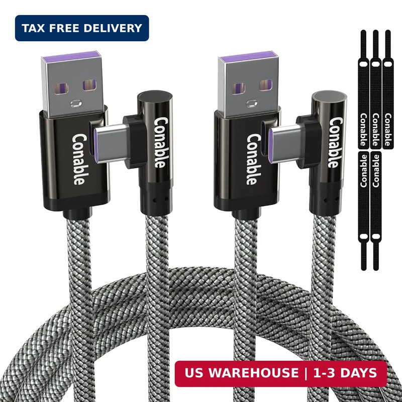 USB A to C Cable (2 Pack, 2FT+2FT), Right Angle 90 Degree Type-C Fast Charging C