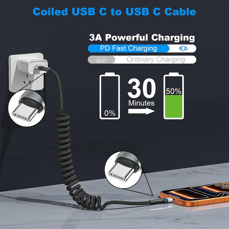 USB C to C Cable 3Ft 2Pack Coiled USB C Charger Cable for Car Type C Fast Chargi gallery
